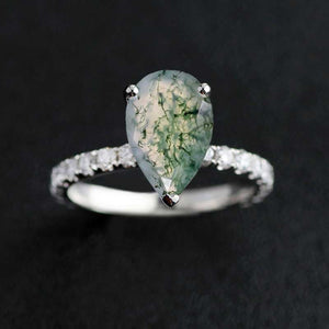 3Ct Pear Genuine Moss Agate Hidden Halo Engagement Gold Ring, 11x7mm Pear Cut Genuine Moss Agate Engagement Ring, Micro pave Accents Stones