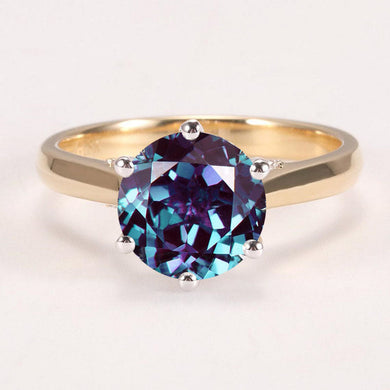 14K Solid Two Tone Gold 2CT Round Alexandrite Solitaire Six Prongs Ring Alexandrite Hidden Halo Engagement Ring Anniversary Promise Gold Ring