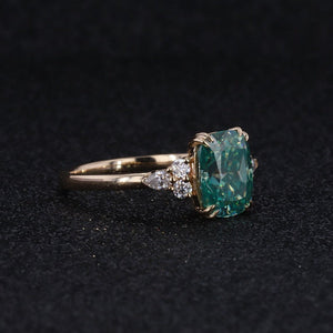 2.5Ct Cushion Green Moissanite Vintage Engagement Ring, Cushion Moissanite Engagement Ring, Marquise Side Accents Stones 14K Rose Gold Ring
