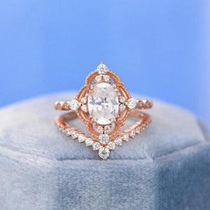 14K Rose Gold Ring 2CT Oval Vintage Wedding Ring, Oval Moissanite Halo Engagement Ring Anniversary Promise Eternity Gold Ring Set