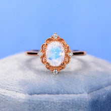 Load image into Gallery viewer, 14K Solid Rose Gold Dainty Natural Moonstone Ring, 2ct Oval Cut Moonstone Ring, Rose Gold Ring Unique Oval Halo Vintage Ring.

