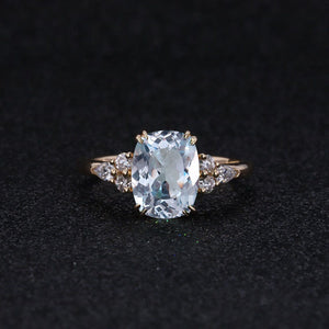 2.5Ct Cushion Aquamarine Vintage Engagement Ring, Cushion Genuine Aquamarine Engagement Ring, Genuine Aquamarine Side Accents Stones 14K Rose Gold Ring