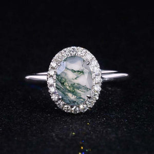 3 Carat Classic Oval Halo Genuine Moss Agate Ring, Luxury Prong Setting Oval Cut Engagement Ring