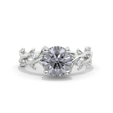 Load image into Gallery viewer, 2 Carat Gray  Moissanite Leaf Engagement Ring. White Gold Floral Twig Ring
