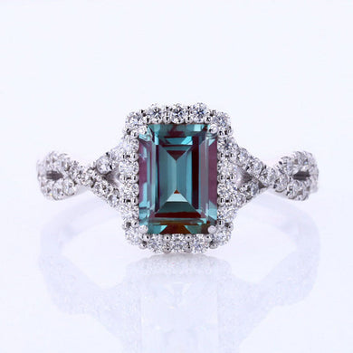 3Ct Alexandrite Engagement Ring, Halo Radiant Cut Alexandrite Engagement Ring, Alexandrite Twisted Shank Engagement Ring.
