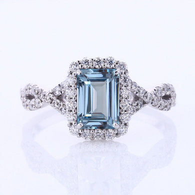 3Ct Aquamarine Engagement Ring, Halo Radiant Cut Aquamarine Engagement Ring, Aquamarine Twisted Shank Engagement Ring.