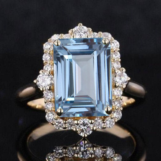 3Ct Genuine Aquamarine Engagement Ring, Emerald Cut Halo Aquamarine Engagement Ring