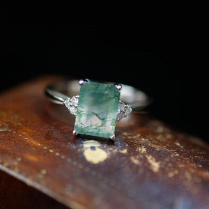 3Ct Emerald Shape Step Cut Genuine Moss Agate ring, Moss Agate solitaire ring, 3 Carat Genuine Moss Agate  Ring, Genuine Moss Agate Vintage Ring