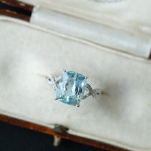 Load image into Gallery viewer, 3Ct Cushion Aquamarine ring, Aquamarine solitaire ring, natural aquamarine ring, genuine aquamarine cushion cut vintage ring
