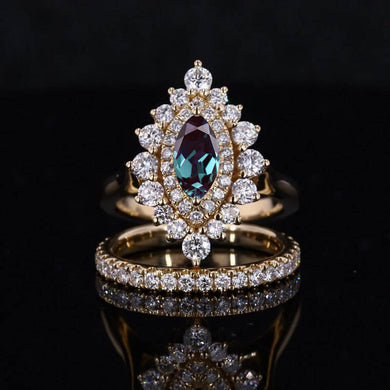 14K Solid Gold Ring 8x4mm Marquise Double Halo Alexandrite Vintage Wedding Ring. Engagement Ring Anniversary Ring, Pear Side Stones Ring set