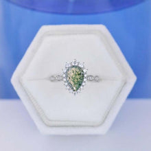 Load image into Gallery viewer, 4 Carat Pear Cut Genuine Moss Agate Halo 14K White Gold Engagement Ring
