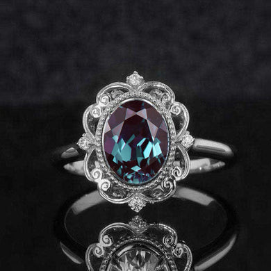 Vintage Alexandrite Engagement Ring Rose Gold wedding Ring 2ct Antique Oval cut Bridal ring Art deco Halo Ring Alexandrite Anniversary ring