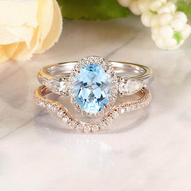 14K Gold 1.5 Carat Oval Aquamarine Halo Engagement Ring Eternity Ring Set