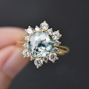 Genuine Moss Agate Ring/2.0ct Round Cut Moss Agate Halo Ring/Solid 14K White Gold Ring