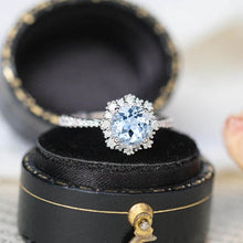 Load image into Gallery viewer, Snowflake Genuine Aquamarine Ring/1.0ct Round Cut Genuine Aquamarine Halo Ring/Solid 14K White Gold Ring/Art Deco Engagement Ring / Wedding Ring Women
