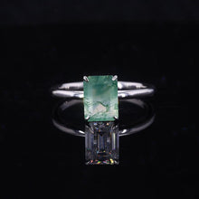 Load image into Gallery viewer, 3 Carat  Setting Emerald Shaped Step Cut Genuine Moss Agate 14K White Gold Engagement Ring
