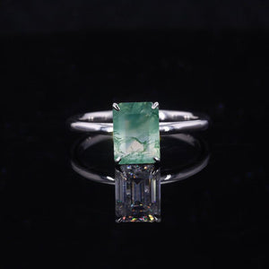 3 Carat  Setting Emerald Shaped Step Cut Genuine Moss Agate 14K White Gold Engagement Ring