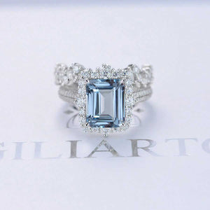 3Ct Genuine Natural Aquamarine Engagement Ring. Halo Emerald Cut Genuine Natural Aquamarine 14K Rose Gold Engagement Ring Set