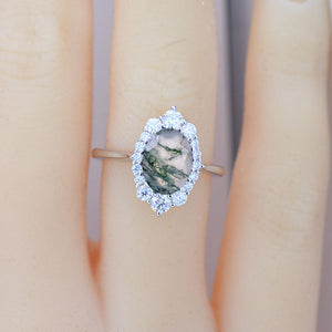 Oval 9x7 Moss Agate Halo Engagement Ring, Promise Ring For Her, Moss Agate Wedding Ring