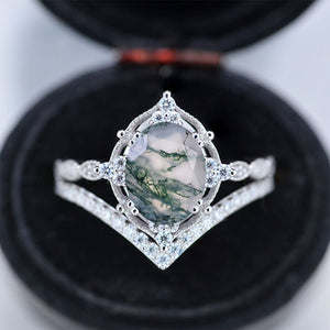 2CT Oval Moss Agate Vintage Wedding Ring, Oval Agate Halo Engagement Ring Set