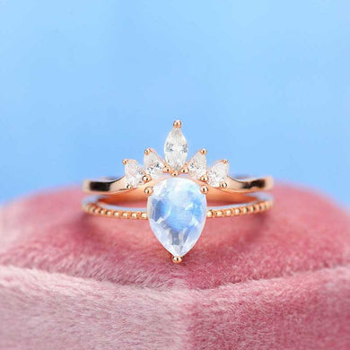 Natural Moonstone Ring Set, 2ct Pear Cut Moonstone Vintage Ring Set, Rose Gold Ring Unique Curved  Ring