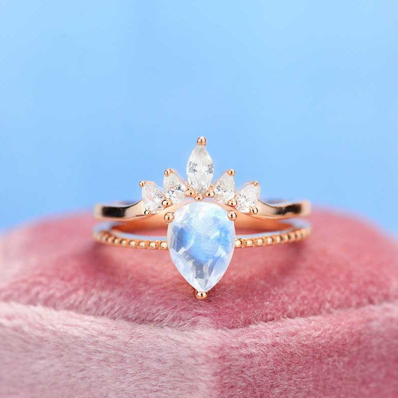 Natural Moonstone Ring Set, 2ct Pear Cut Moonstone Vintage Ring Set, Rose Gold Ring Unique Curved  Ring