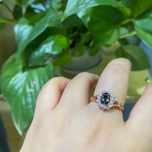 Load image into Gallery viewer, 1 Carat Oval Cut Vintage Alexandrite Rose Ring, Rose Gold Floral Unique Oval Halo Ring
