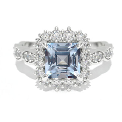 14K White Gold 1.5 Carat Princess Genuine Aquamarine Halo Engagement Ring