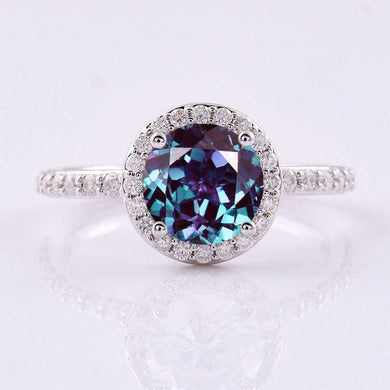 0.9 Carat Alexandrite Ideal Cut, Engagement Ring, Halo Alexandrite Ring, Classic Halo 14K White Gold Ring