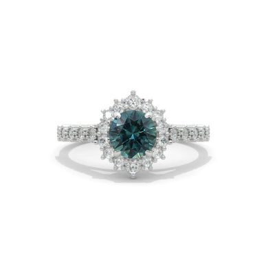 14K White Gold 1 Carat Round Teal Sapphire Halo Engagement Ring