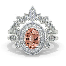Load image into Gallery viewer, Oval Morganite Halo 14K White Gold  Engagement Ring, Eternity Ring Set
