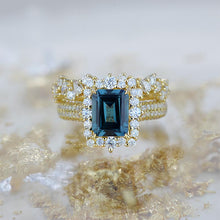 Load image into Gallery viewer, 3 Carat Halo Emerald Cut Teal Sapphire 14K White Gold Engagement Ring Set.
