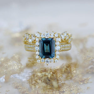 3 Carat Halo Emerald Cut Teal Sapphire 14K White Gold Engagement Ring Set.