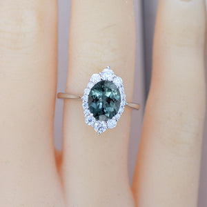 3 Carat Oval 9x7 Teal Green Sapphire Halo Engagement Ring, Promise Ring For Her, Sapphire Wedding Ring, Oval Lab-Grown Sapphire Engagement Ring