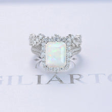 Load image into Gallery viewer, 3Ct White Opal Engagement Ring Halo Emerald Cut Opal Engagement Ring, 9x7mm Step Cut White Opal Engagement Ring with Eternity Band
