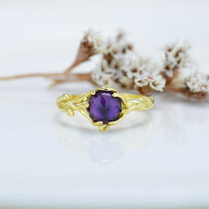 Natural Amethyst Ring, Round Cut Amethyst Floral Ring, White Gold Ring Unique Curved Twig Ring