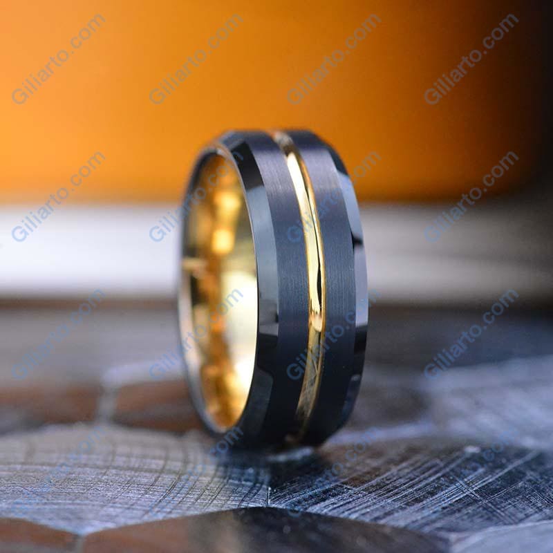 Black and Yellow Gold Color Tungsten Wedding Band