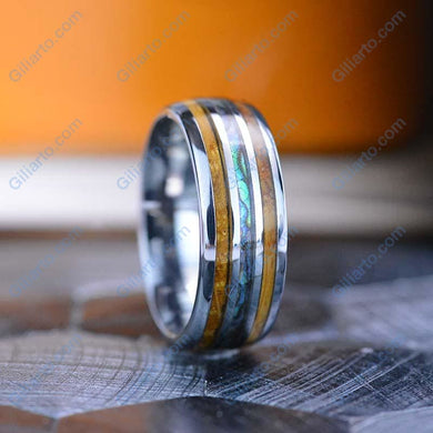 Abalone & Whiskey Barrel Wood Ring Men's Wedding Band Tungsten Ring