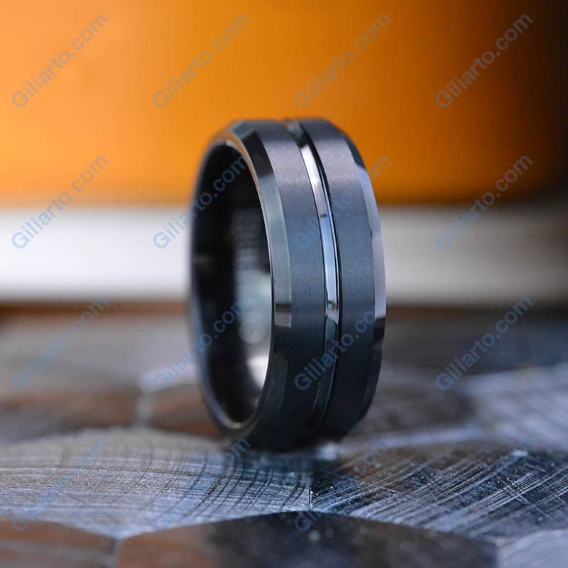 Classic Men Black Stainless Steel 8mm Polished Matte Brushed Finish Center Wedding Band Ring