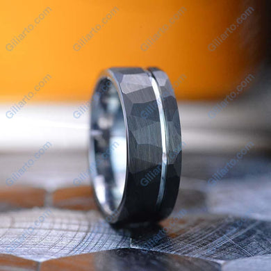 Black Hammered Brushed Tungsten Carbide Ring with Silver Strip