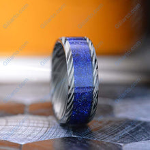 Load image into Gallery viewer, Damascus Steel Laser Engraved Pattern Tungsten Ring  with Crashed Lapis Stone Inlay.
