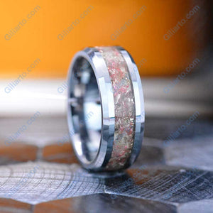Genuine Crushed Raw Pink Quartz and White Sapphire Men's Tungsten Ring
