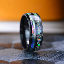 Load image into Gallery viewer, Abalone Shell and Fire Opal Engagement Men&#39;s Tungsten Carbide Ring

