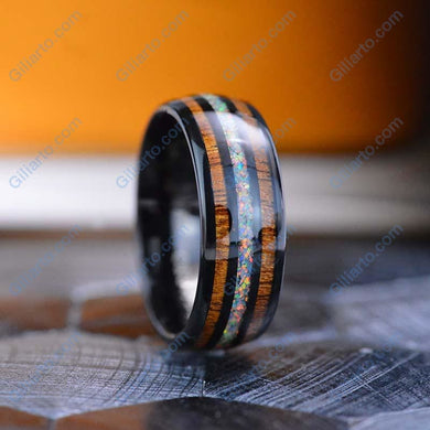 Natural Fire Opal Tungsten Wedding Ring with Hawaii Koa Wood