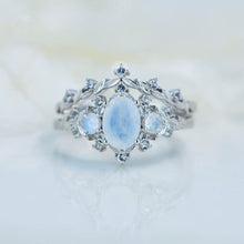 Load image into Gallery viewer, 1 Carat Oval Moonstone Halo 14K White Gold Floral Engagement Ring Set
