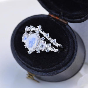 1 Carat Oval Moonstone Halo 14K White Gold Floral Engagement Ring Set