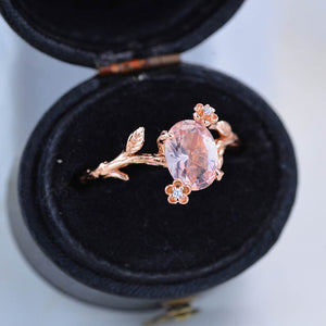 14K Rose Gold Dainty Natural Morganite  Leaf Ring, 2ct Oval Morganite Twig Ring, Rose Gold Ring Unique Curved Vintage Floral Ring