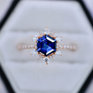 3 Carat Hexagonal Sapphire Snowflake Halo Engagement Ring. Victorian 14K Rose Gold Ring