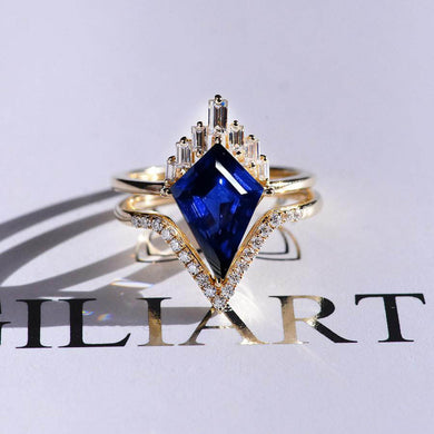 14K Gold 4 Carat Kite Royal Blue Sapphire Halo Engagement Ring, Eternity Ring Set