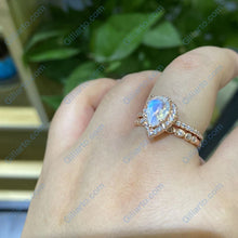 Load image into Gallery viewer, Rose Gold Plated Silver Dainty Natural Moonstone Ring Set, 2ct Pear Cut Moonstone Halo Ring Set, Rose Gold Ring Unique Curved Vintage Ring
